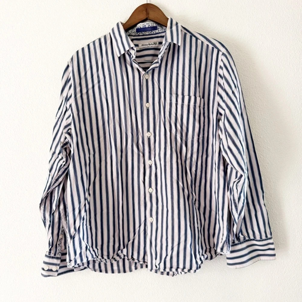 Tommy Bahama Silk Cotton Stripe Ling Sleeve Button Down Size Large Men’s
